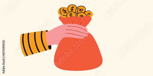 A person holding a bag of gold coins, conveying wealth and financial prosperity with a modern touch.