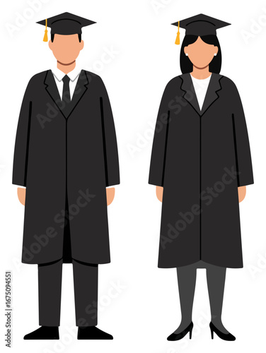 Two figures in graduation gowns, male and female, standing side-by-side, representing academic achievement.