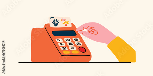 A hand swiping a credit card on a point of sale machine, purchasing goods or services.