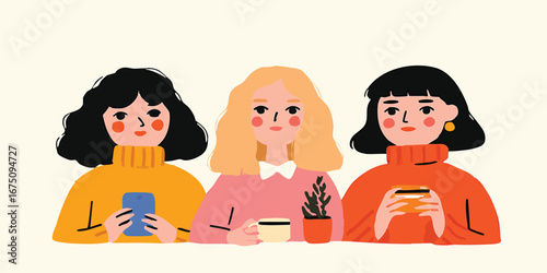 Three women, of different appearance, share a moment of connection, each absorbed in their own activity, one holding a phone, another a drink, and the third, a plant.