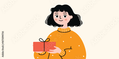 A joyful young woman offers a neatly wrapped gift box. The illustration captures the spirit of generosity, thoughtfulness and the anticipation of sharing with an attractive style.