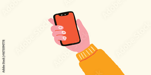 A hand holding a modern smartphone against a soft pastel backdrop. This minimalist illustration emphasizes connection and digital communication.
