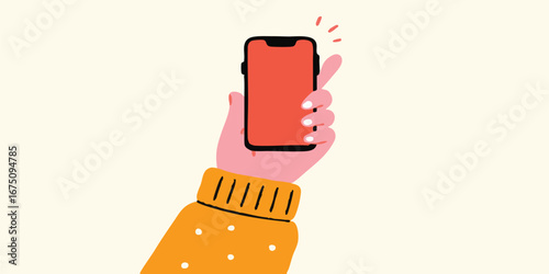 A graphic hand is holding a mobile phone in a light color background, with simple illustration style. 