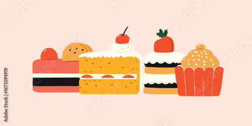 A delightful arrangement of cake slices, each adorned with unique toppings and flavors, showcasing the artistry of pastry design in a visually pleasing composition.