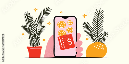 Digital Payment and plant with oranges. A digital representation illustrates payment, featuring coins and a card within a hand holding a smartphone and surrounded by potted plants. 