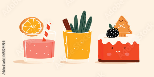 A delightful composition of vibrant illustrations, featuring a refreshing smoothie, an aromatic spice arrangement, and a festive cake, all set against a clean backdrop.
