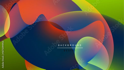 Abstract vibrant shapes overlap, creating colorful fluid design. Dark background enhances bright gradients, modern aesthetic.