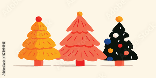 A trio of festive Christmas trees, each a unique blend of color and charm, stand ready to usher in the holiday season with a sense of warmth and cheer.