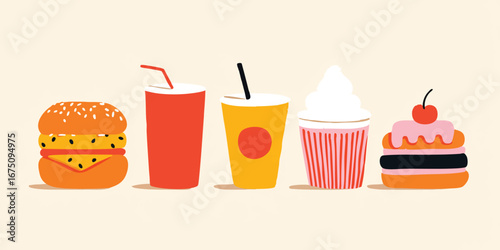 An appetizing illustration of a colorful fast-food set, showcasing delicious burger, cool drink and dessert . Perfect for illustrating menu, ads.