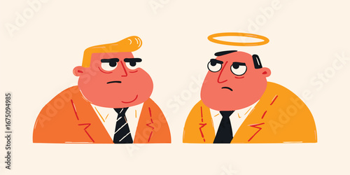 A symbolic cartoon illustration presents a compelling narrative, with two distinct figures representing opposing forces in a business context: an angel and a devil.