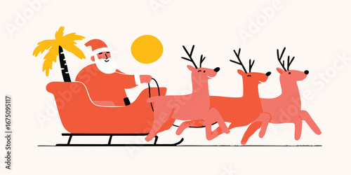 Santa's tropical sleigh ride, full of festive joy, is guided by his team of reindeer, and a palm tree, under the tropical sun.