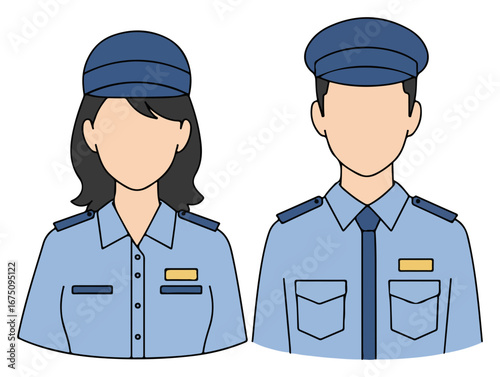 Two uniformed security personnel, female and male, depicted in profile view.