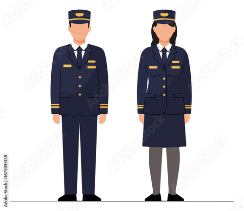 Airline pilot uniforms: male and female crew in formal attire.