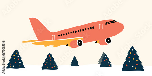 A festive illustration of a plane soaring above snow-covered ground adorned with Christmas trees, a delightful scene suggesting holiday travel.