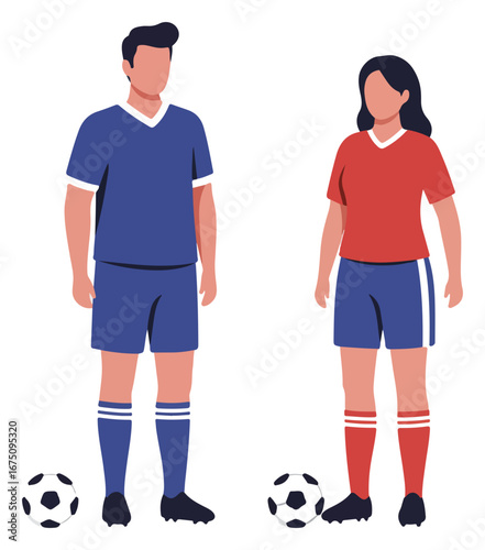 Man and woman soccer players stand ready,  sporting team uniforms and soccer balls at their feet.