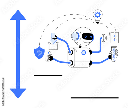 Robot using multiple arms for various tasks including science, security, and innovation. Ideal for AI, technology, automation, research, creativity robotics innovation concepts. Simple flat