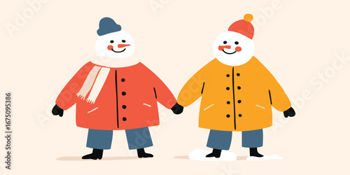 Two adorable snowmen dressed in colorful winter attire stand together hand-in-hand, exuding warmth, togetherness, and the magic of winter season.