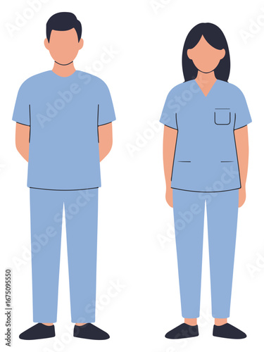 Two people in light blue scrubs, standing facing forward, simple illustration.