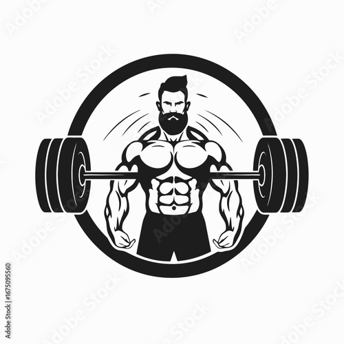 Strong bearded weightlifter lifting barbell in a striking black vector bodybuilder silhouette