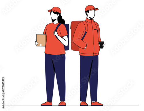 Two delivery personnel, one carrying a package and the other a coffee, stand side-by-side in uniform.