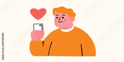 A whimsical illustration captures a person's engagement with a smartphone, a heart floats above symbolizing love, connection and modern communication.