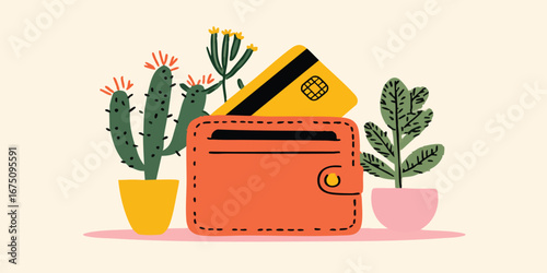A visually appealing composition showcases a wallet, credit card, and potted plants, harmoniously arranged in a flat design.