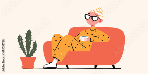 A relaxed individual enjoying a warm beverage, the indoor setting. Cozy scene featuring a person unwinding with a mug.