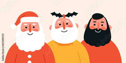 A festive array of three jovial figures, each sporting a unique beard and joyful demeanor, exuding warmth and celebration. A lively scene of holiday cheer and community.