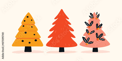 A vibrant assortment of whimsical Christmas trees, each a unique burst of color and character, creating a festive and joyful ambiance. 