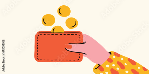 A symbolic illustration that showing the concept of financial decisions: savings, investment, expenditure,  illustrates a hand holding a purse with a few falling gold coin, implying prosperity.