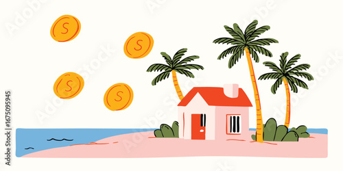 A charming tropical home nestled on a serene island, with gold coins falling, illustrating the concept of financial well-being and property ownership.