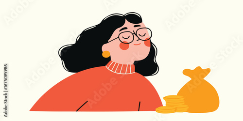 A contemplative woman with glasses dreams of wealth, with a coin pouch nearby. She has a pleasant expression, representing financial dreams and monetary aspirations.