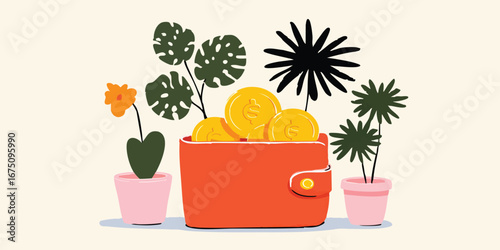 A vibrant depiction of a wallet brimming with golden coins, nestled amidst flourishing potted plants. It's a symbolic representation of wealth, growth, and financial prosperity.