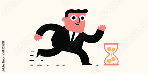 A stylized cartoon depicts a businessman sprinting urgently alongside an hourglass, highlighting time management, deadlines, and the race against time.