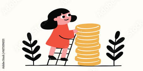 A determined young girl on a ladder stacks shiny gold coins, symbolizing the growth of savings and financial success.