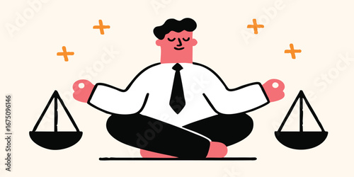 A serene illustration captures a business professional in a state of mindfulness, seated in the lotus position and balanced by scales. Reflecting the harmony of work and life balance.