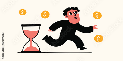 A dynamic illustration of a man rushing against the clock to seize the opportunities, representing the fleeting nature of time and the pursuit of financial gains.