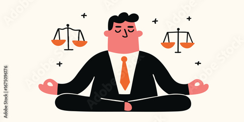 A composed figure finds serenity, meditating amidst the scales of justice. The artwork conveys mindfulness in legal matters.
