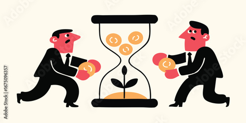Two figures strategically invest resources into a growing financial asset.