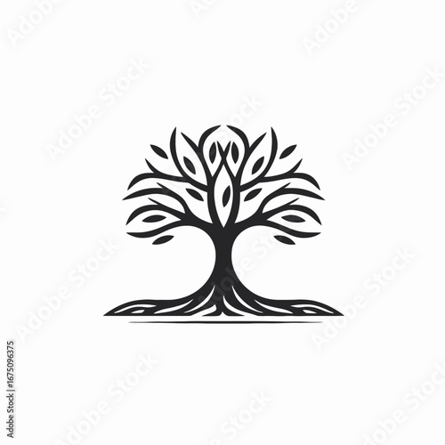 Striking solitary tree with leaves and roots against white ground silhouette