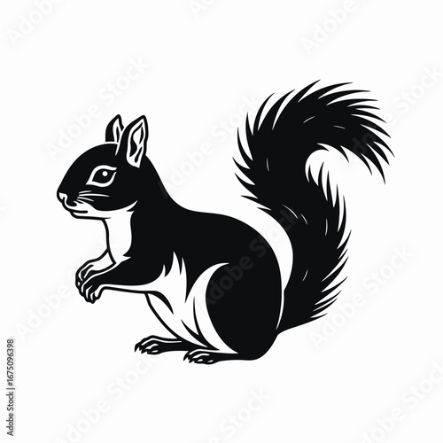 Elegant standing squirrel illustration displaying bushy tail, vector art silhouette
