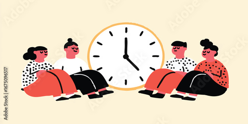 A visual representation of time management and deadline, illustrated with people and a clock, embodying efficiency and commitment.