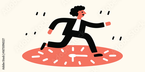 An energetic person runs on the clock, a representation of the fast-paced nature of contemporary society.