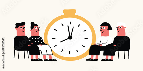 A group of people is seated around a large clock, waiting for a significant event to take place. Illustrative art conveys patience and time management. 