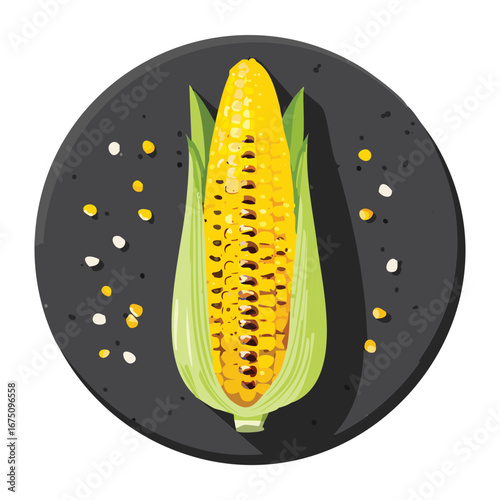 A single grilled corn on the cob with a sprinkle of seasoning on a dark plate - Vector Illustration

