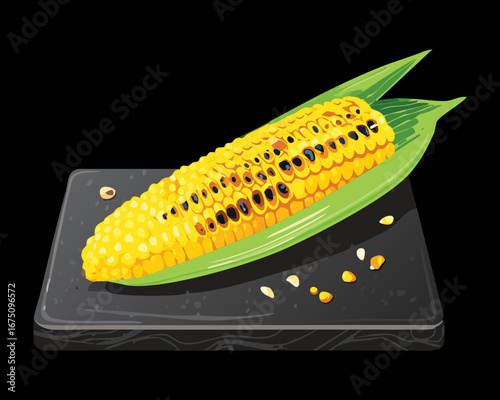 A healthy grilled corn on the cob seasoned with pepper and herbs on a dark background - Vector Illustration

