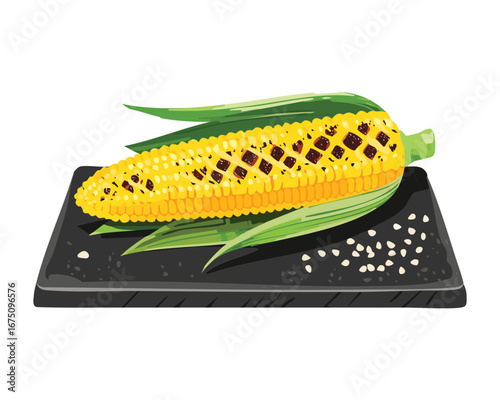 A grilled corn on the cob seasoned with pepper and butter on a dark board - Vector Illustration

