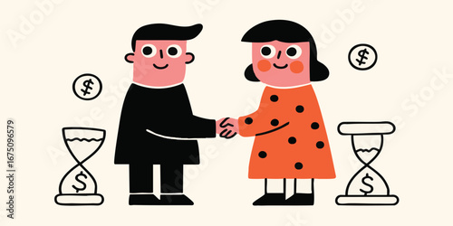 Two individuals seal a deal with a handshake, symbolizing agreement and collaboration, capturing the essence of a successful partnership. Illustrated deal and time and money in cartoon style.