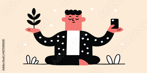 In a serene setting, a cartoon person finds inner balance through mindfulness, merging technology with nature as they embrace tranquility.
