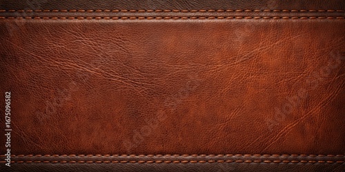 Dark cognac leather background with visible seams and a subtle texture